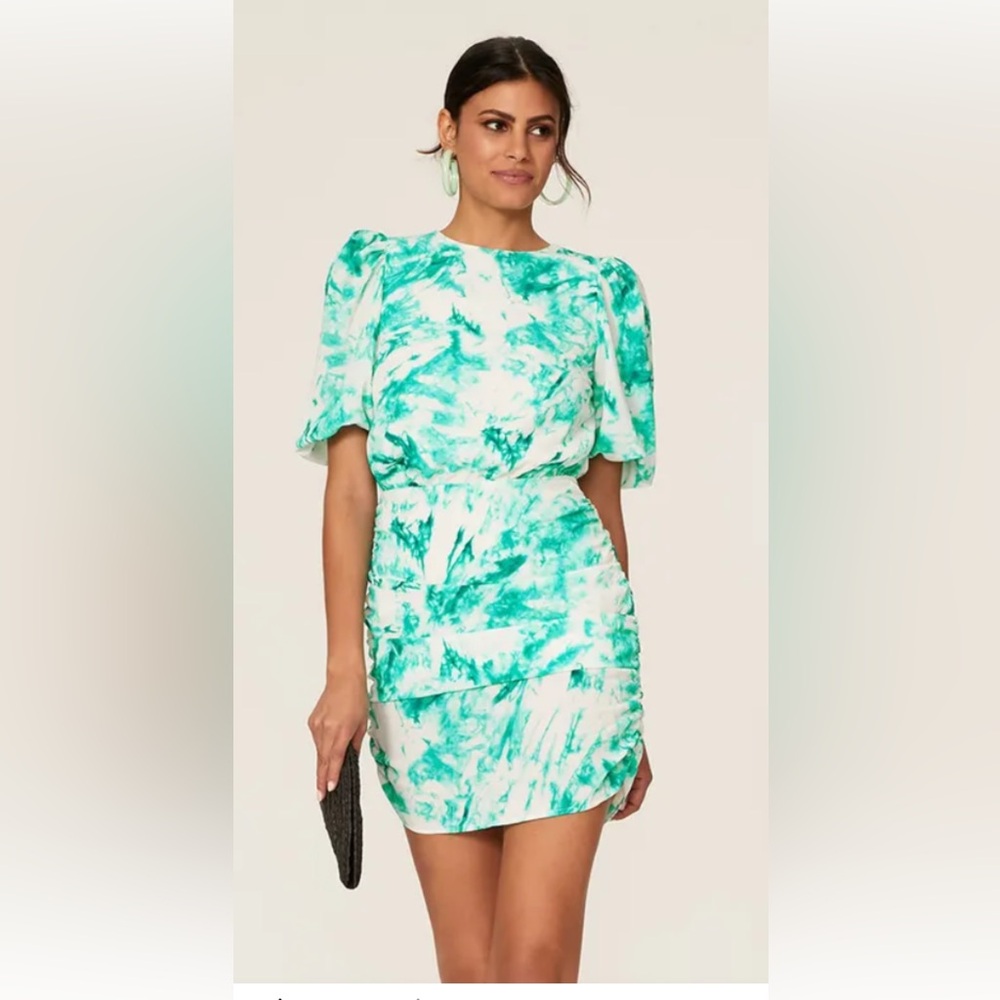 AFRM Green Tie-Dye Puff Sleeve Mini Dress